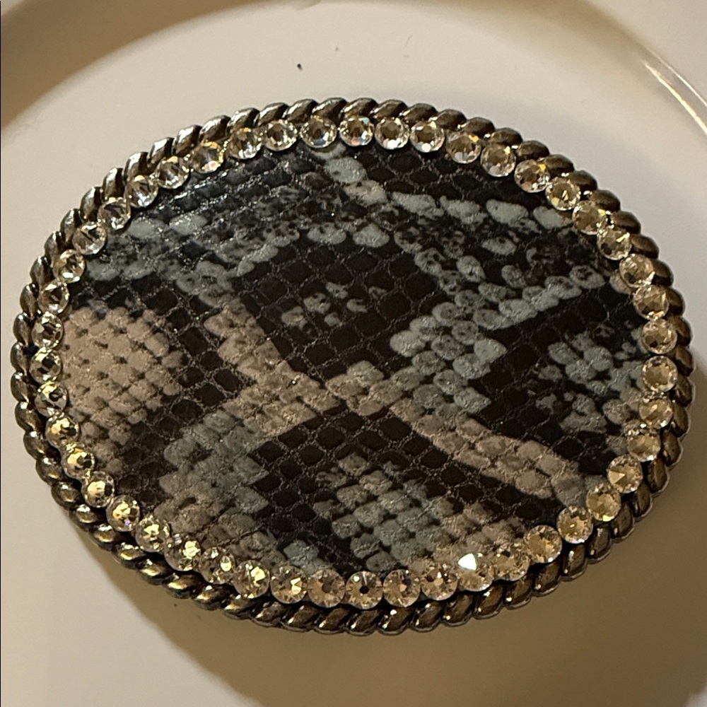 Handmade Snake Print Oval Brushed Silver Belt Buckle with Swarvoski Rhinestones